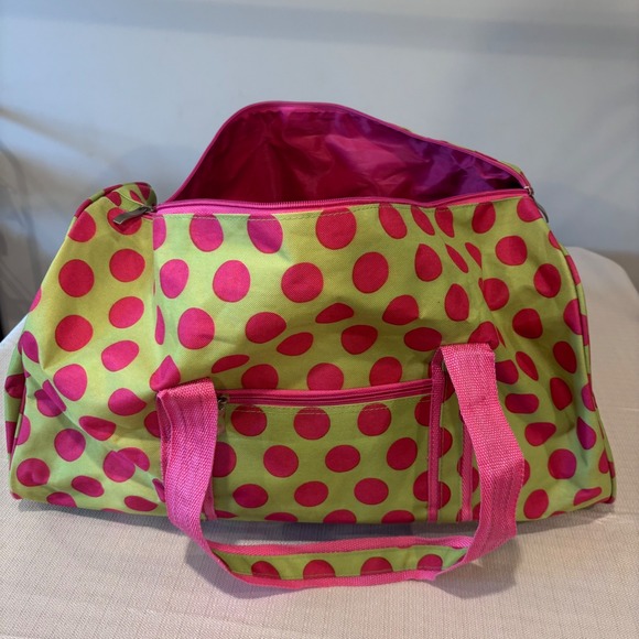 Lime Green and Hot Pink Polka Dot Duffel Bag Gym Travel Carry On - Picture 1 of 5